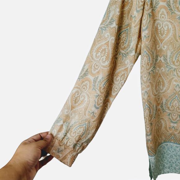 ROSE + OLIVE Womens Beige Tan S Tunic Top Long Sleeve Paisley Print Boho V-Neck - Picture 5 of 9